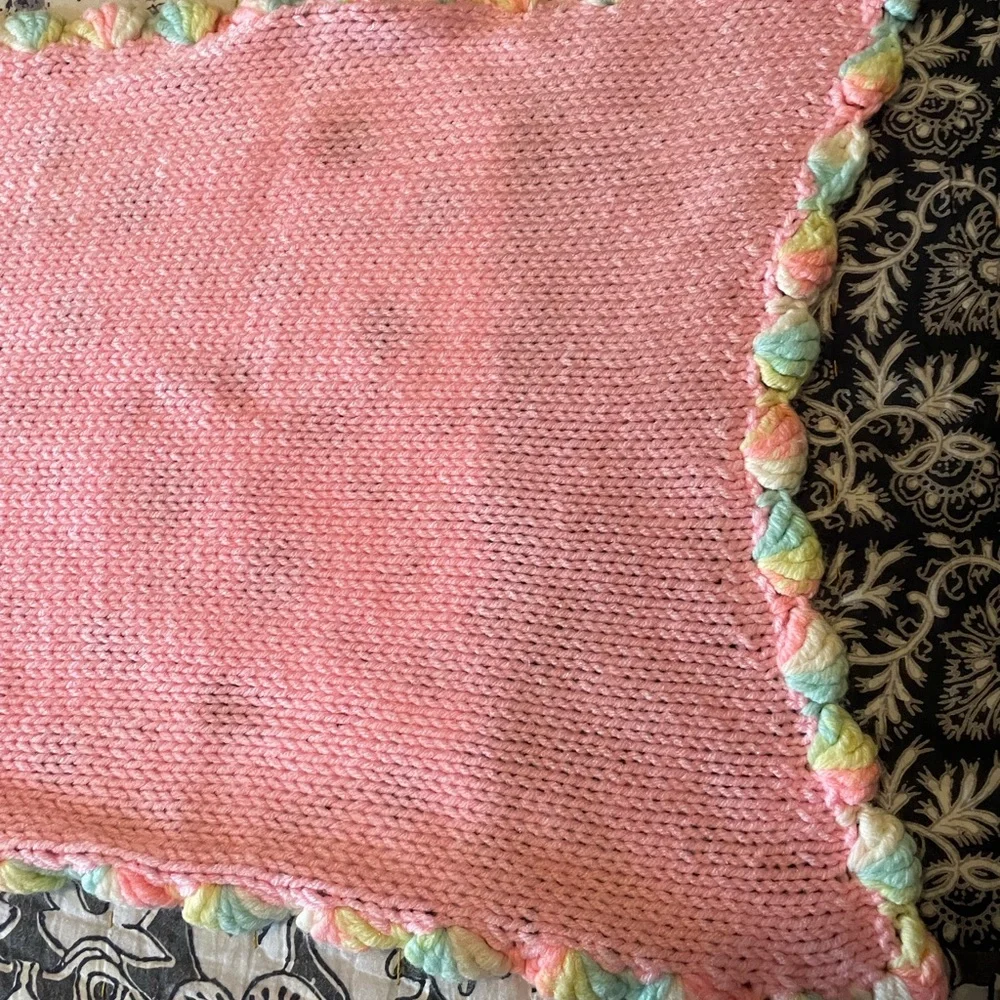 Pink Knit Vintage Crochet Baby Blanket with Multicolor Trim